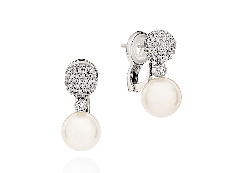 Brincos em ouro branco com diamantes e pérolas South Sea brancas