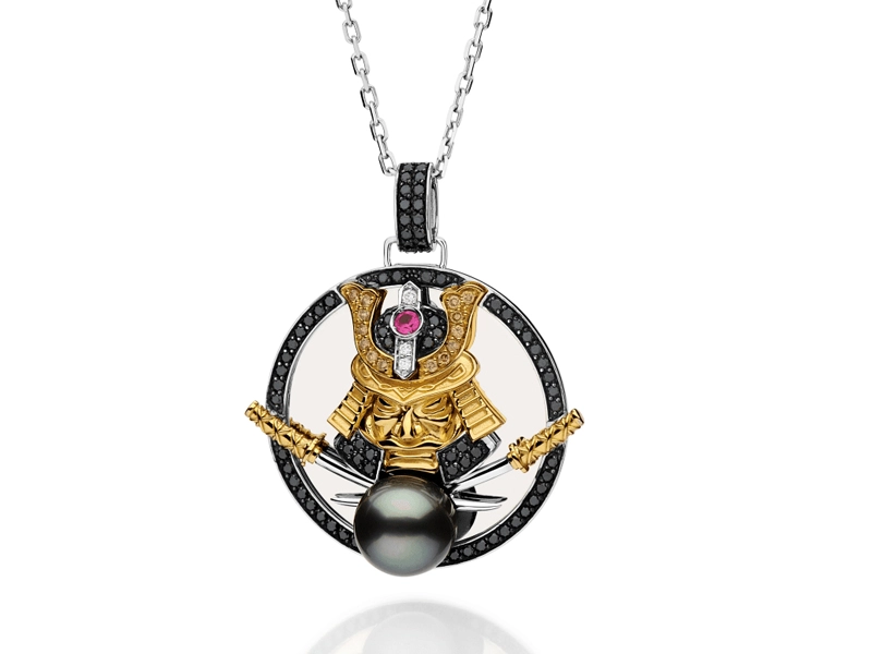 Joia dia dos pais com Pingente Samurai masculino com pérola negra e design inspirado na cultura japonesa.