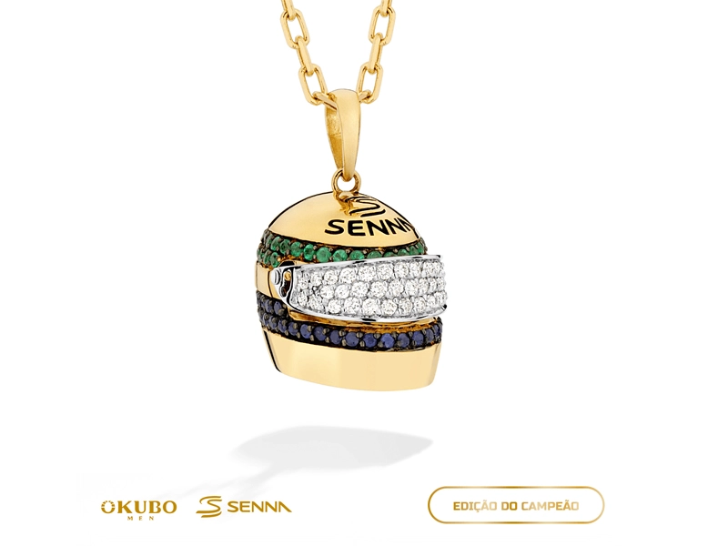 Pingente da coleção Senna em ouro com design exclusivo inspirado no legado de Ayrton Senna.
