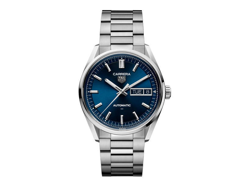 Relógio TAG Heuer Carrera automático com mostrador azul e pulseira em aço inox