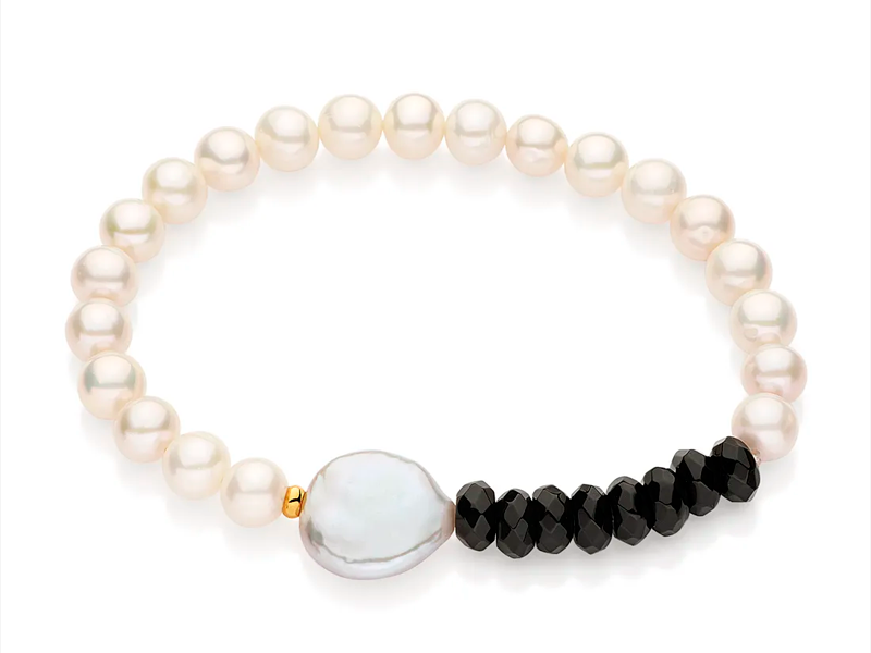 Pulseira de pérolas com pérola de água doce, pérola keshi, ônix e ouro amarelo