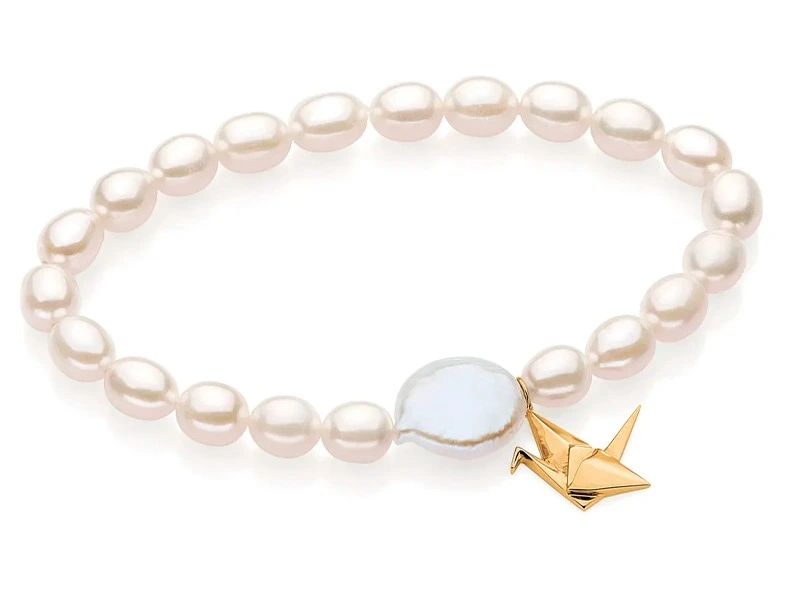 Pulseira de pérolas, pérola keshi e tsuru em ouro amarelo 18k