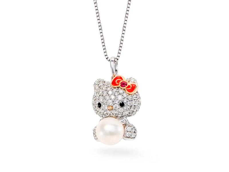 Pingente Hello Kitty em ouro branco, diamantes, rubi e pérola Akoya
