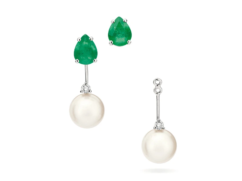 Brinco versátil em ouro branco com esmeraldas, diamantes e perolas south sea da Julio Okubo